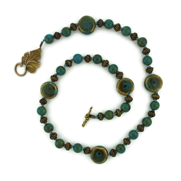 Hand-Knotted Blue-Green Raku and Brass Necklace