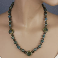 Hand-Knotted Blue-Green Raku and Brass Necklace