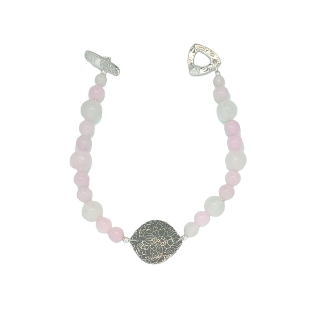 Rose Quartz Bracelet With Silver Flower Medallion  (7.5 inches)