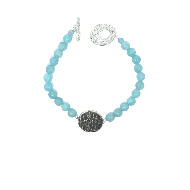 Aquamarine Bracelet With Silver Tree Medallion  (7.5 inches)