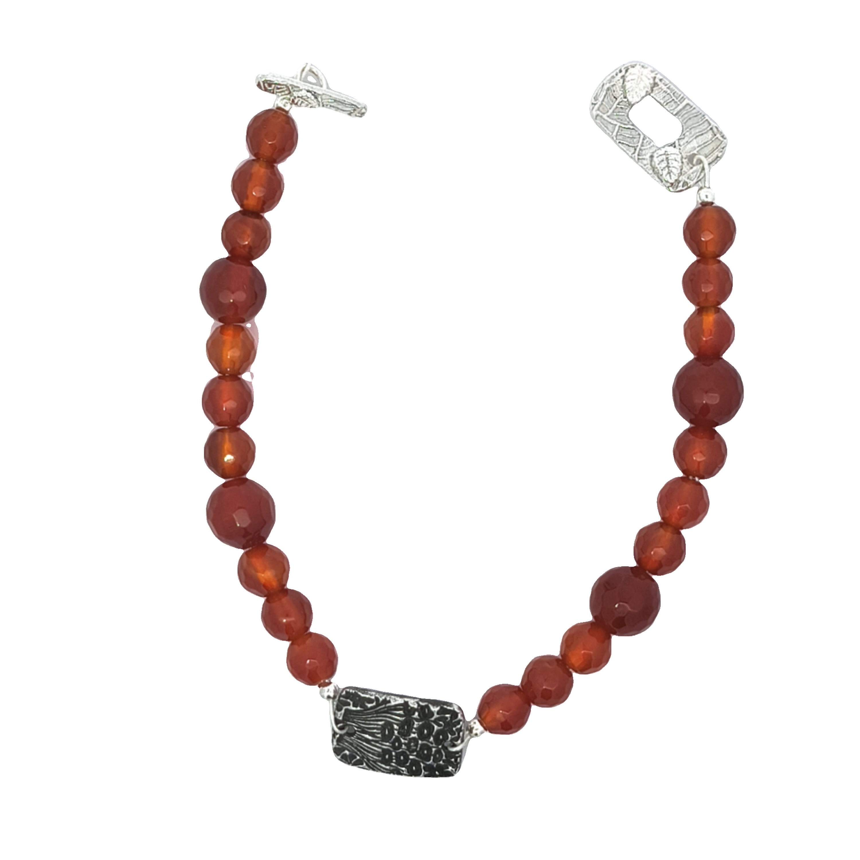 Faceted Carnelian Bracelet With Silver Bouquet Medallion (7 inches)