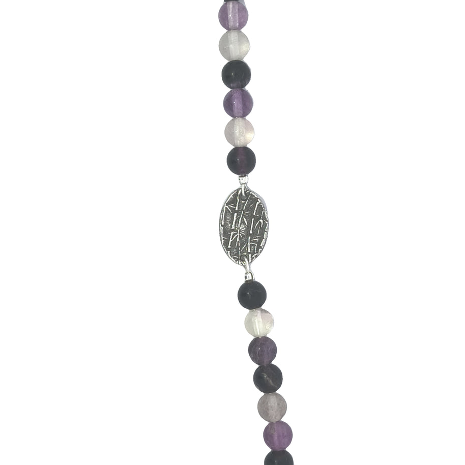 Rainbow Fluorite Bracelet With Silver Flower Bunch Medallion (7.25 inches)