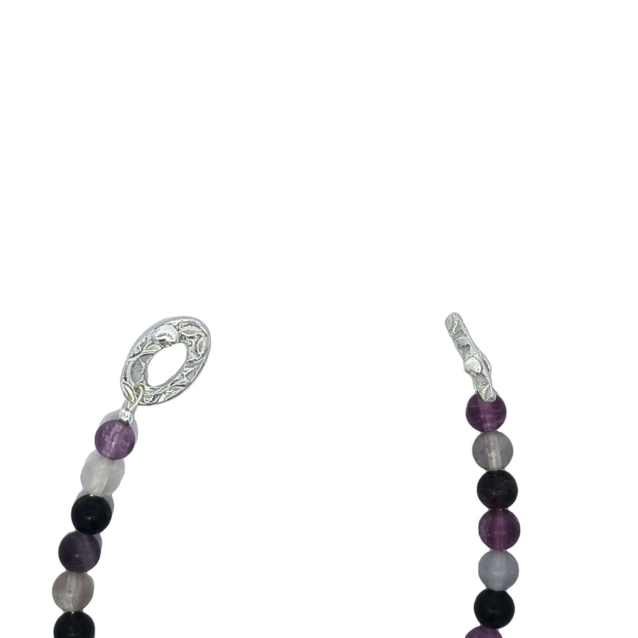 Rainbow Fluorite Bracelet With Silver Flower Bunch Medallion (7.25 inches)