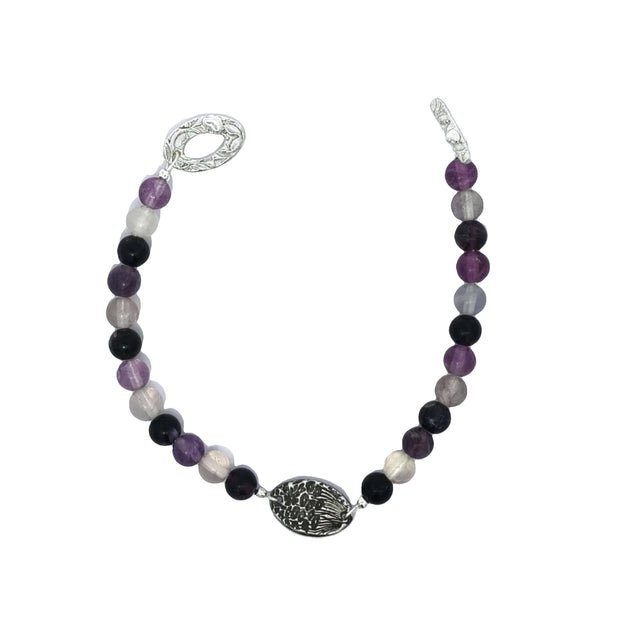 Rainbow Fluorite Bracelet With Silver Flower Bunch Medallion (7.25 inches)