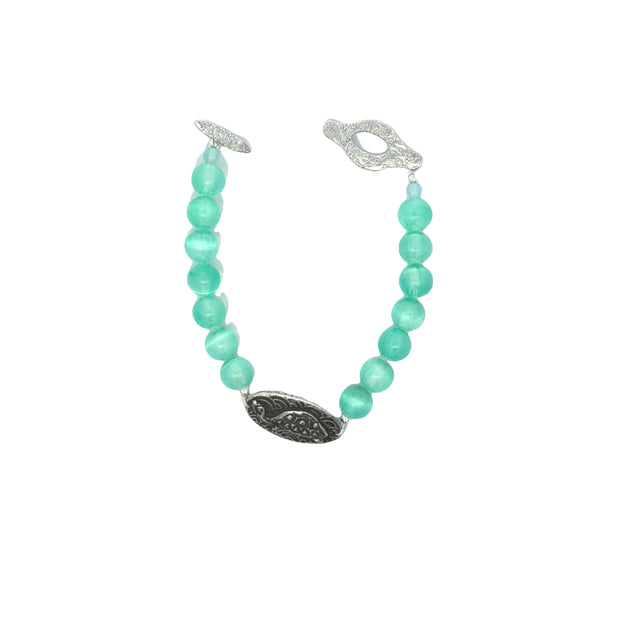 Sea Green Selenite Bracelet With Silver Turtle Medallion (7.5 inches)