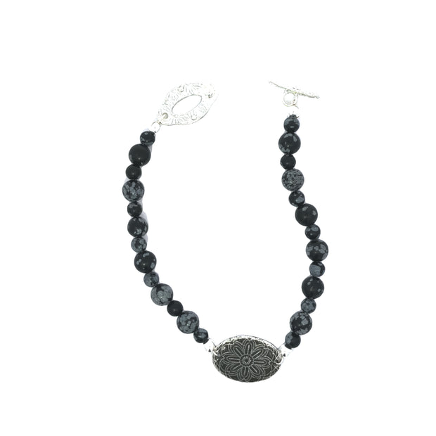 Snowflake Obsidian Bracelet With Silver Starburst Medallion (8.25 inches)