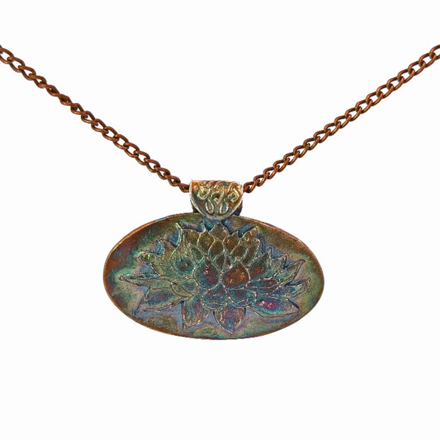 FS Lotus Pendant With a Peacock Patina on Antique Copper chain