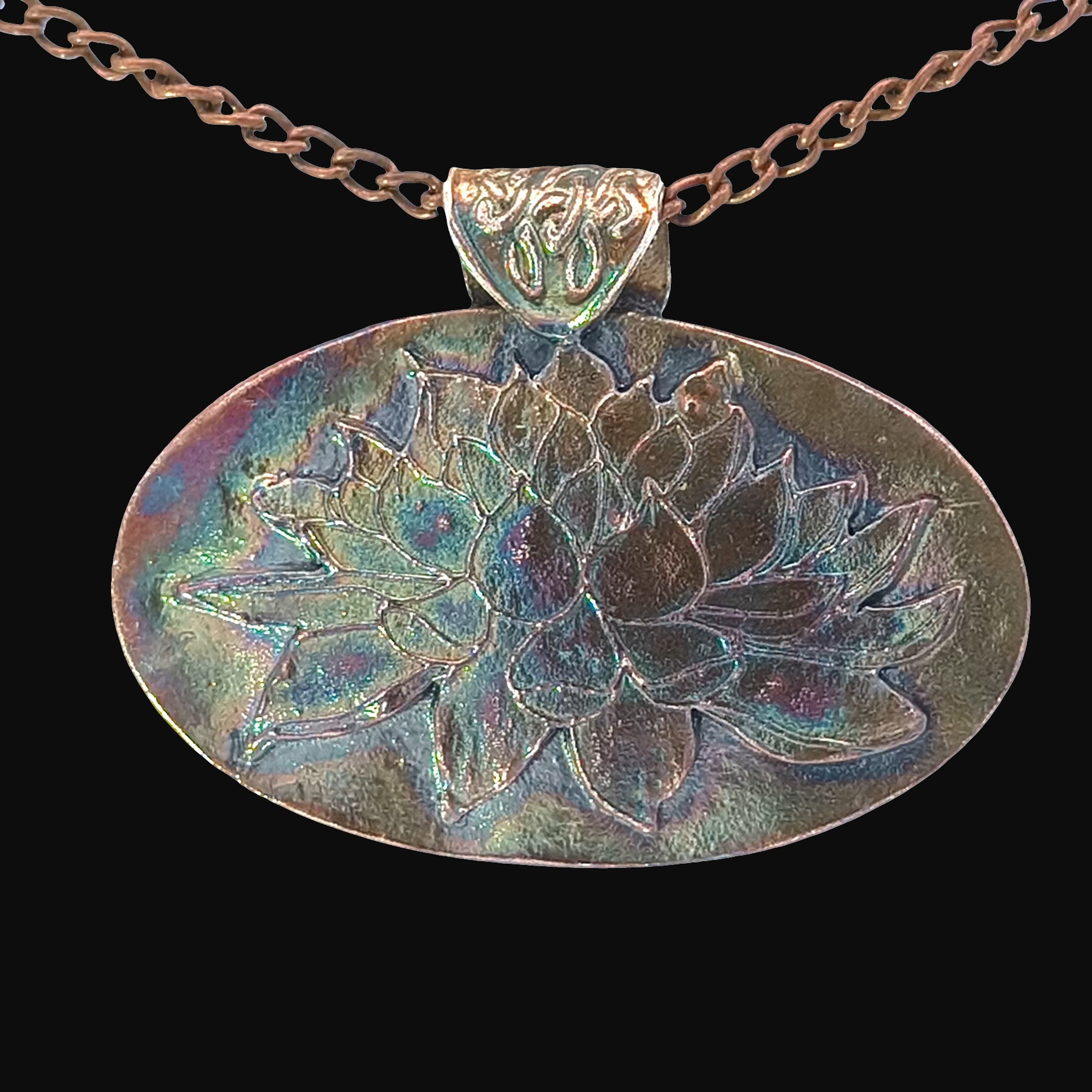 FS Lotus Pendant With a Peacock Patina on Antique Copper chain