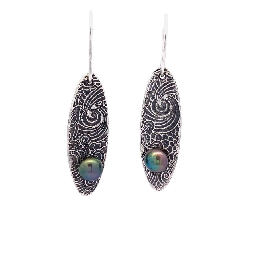 FS Floral Drop Earrings with Blue-Green Pearl