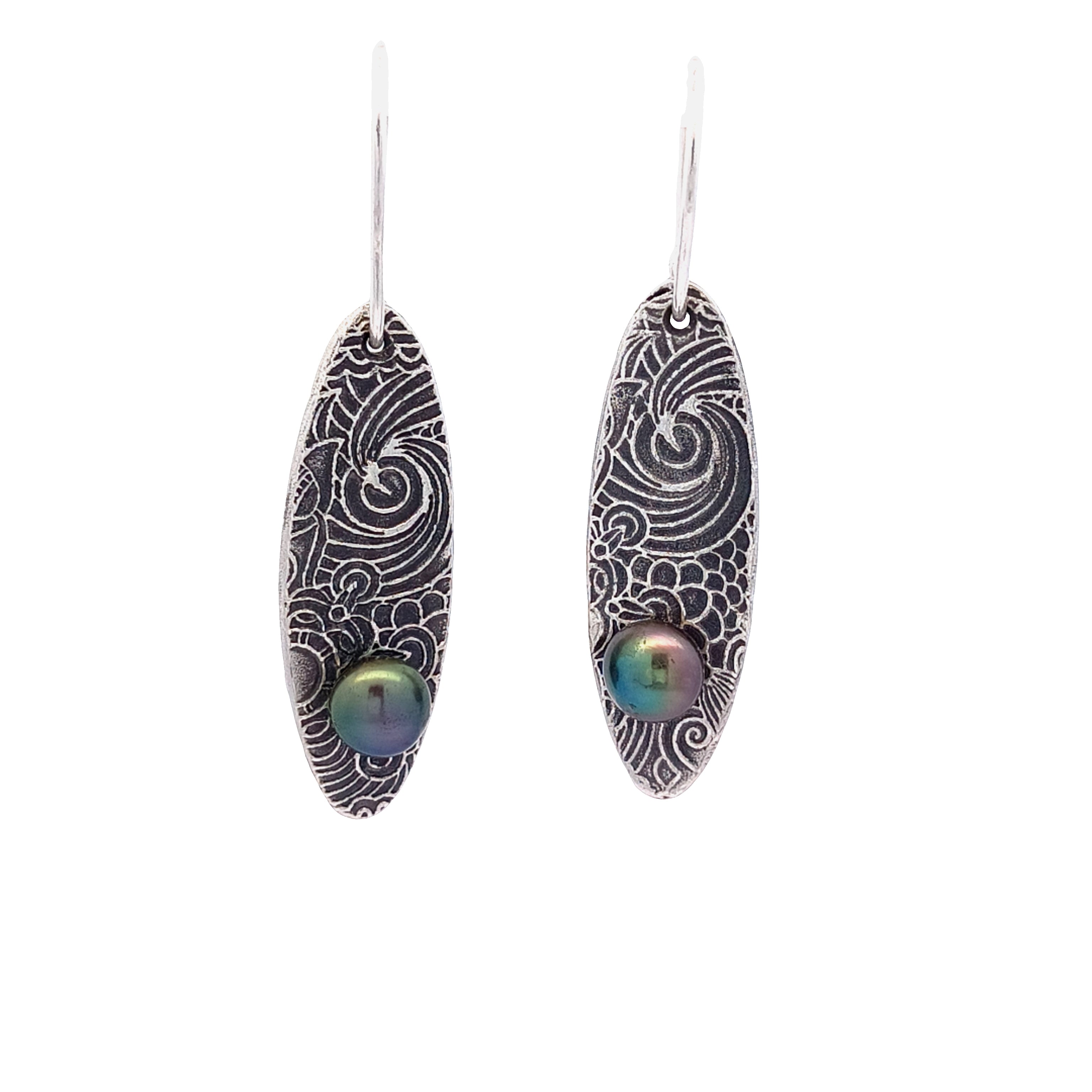 FS Floral Drop Earrings with Blue-Green Pearl